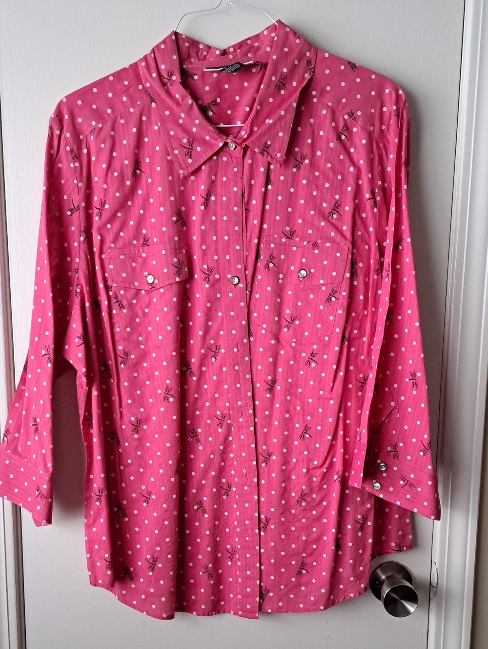 Karen Scott Hot Pink Polka Dot With Dragonflies Button-Front Shirt 3X